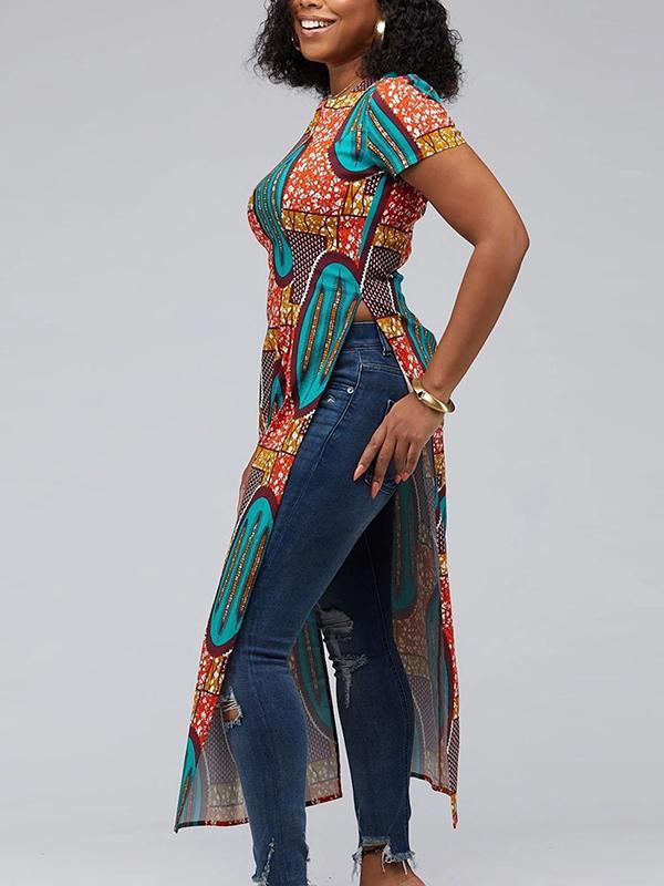 Women's Ethnic Split Short Sleeve Zipper Top