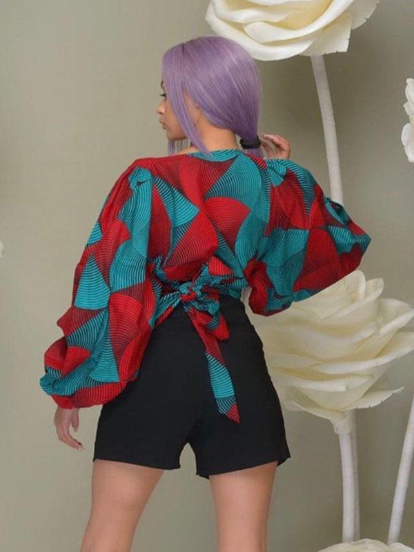 Women's Ethnic Print V-neck Strapless Shirt