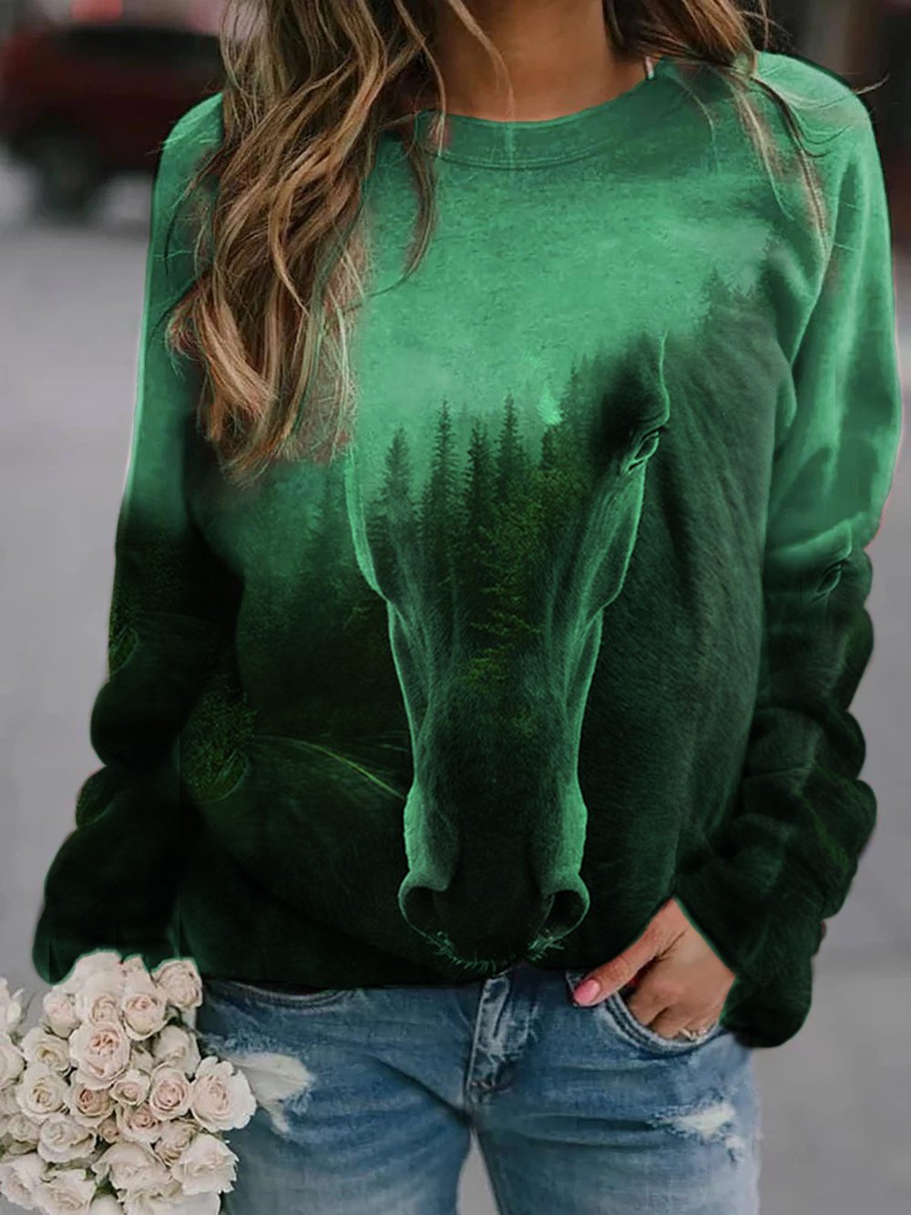 Woman's' Horse Forest Print Sweatshirt