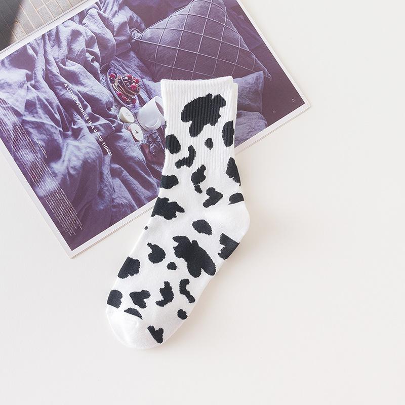 Women's Black and white cow striped black all-match sports stockings