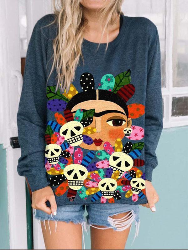 Women' Frida Kahlo Skullflower Art Portrait Print Sweatshirt