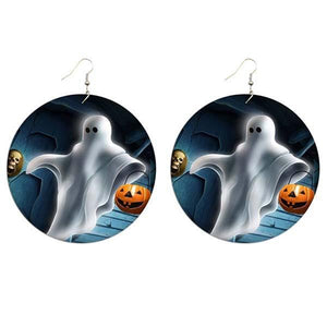 Halloween wooden pumpkin castle bat ghost earrings