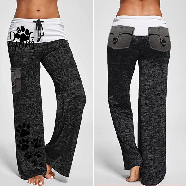 Women's Dog Mom's Paw Print Drawstring Pockets Stretch Wide Leg Yoga Pants