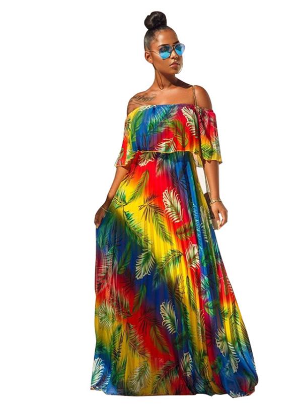 Colorful Gadient Word Shoulder Pleated Dress