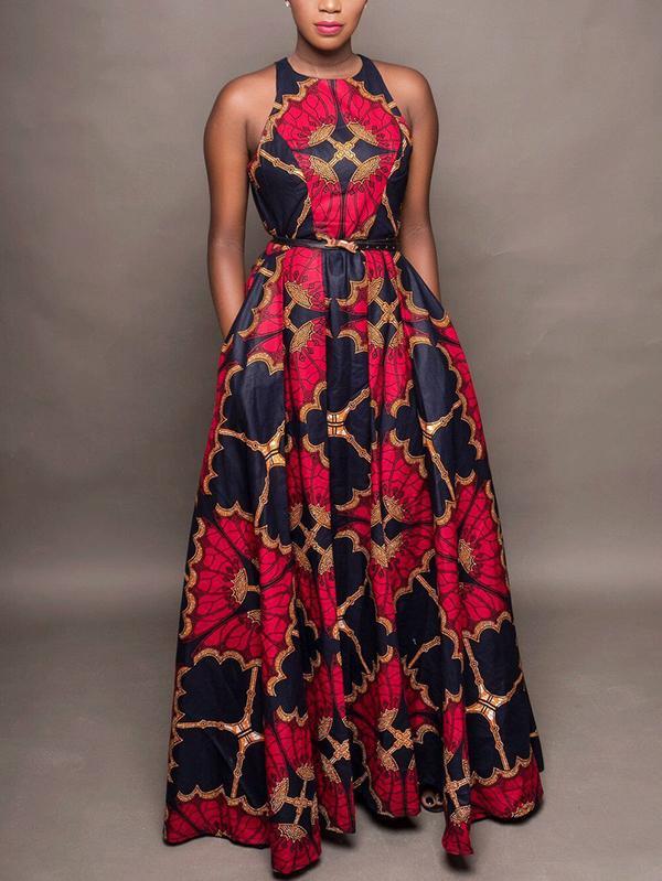 Women's Round Neck Sleeveless Ethnic Print Dress