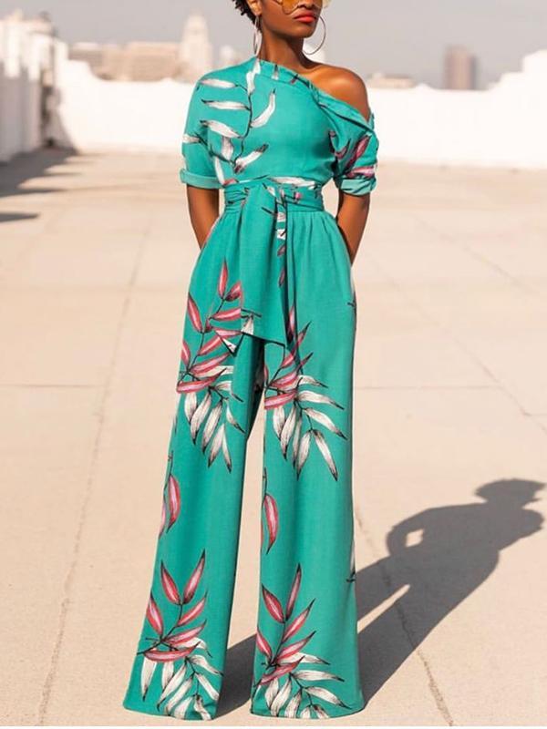 One-shoulder printed short-sleeved jumpsuit