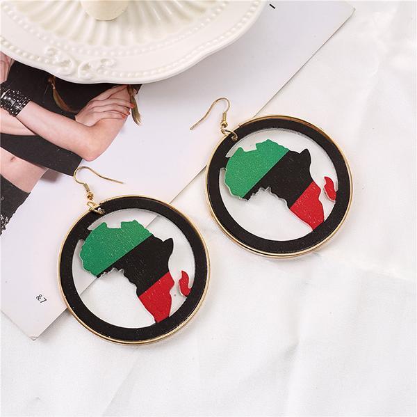 Map hollow wooden big earrings