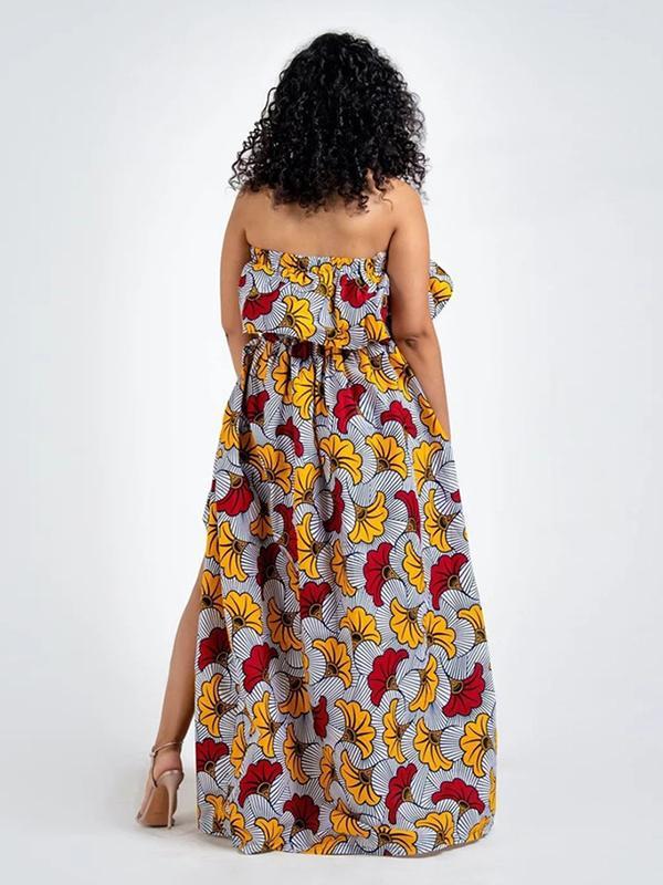 Fashion African Print Slotted Neck Top Split Long Skirt Two Piece Set