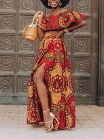 Load image into Gallery viewer, Fashion African Print Slotted Neck Top Split Long Skirt Two Piece Set
