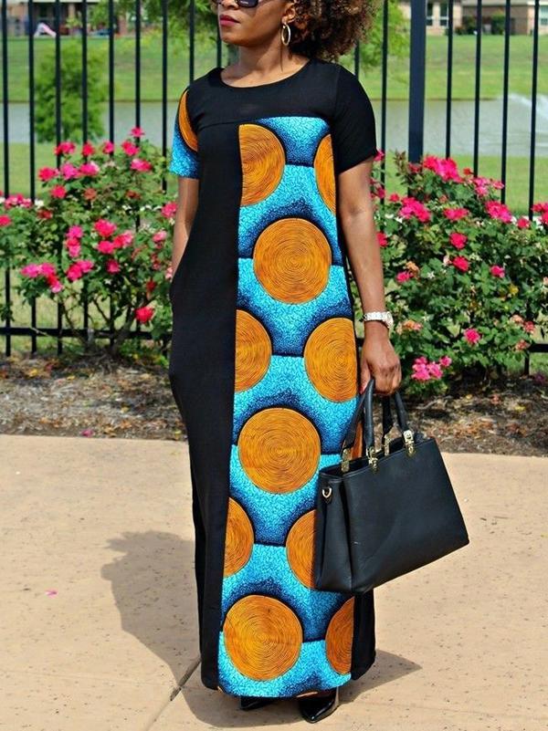 Ethnic print round neck stitching dress