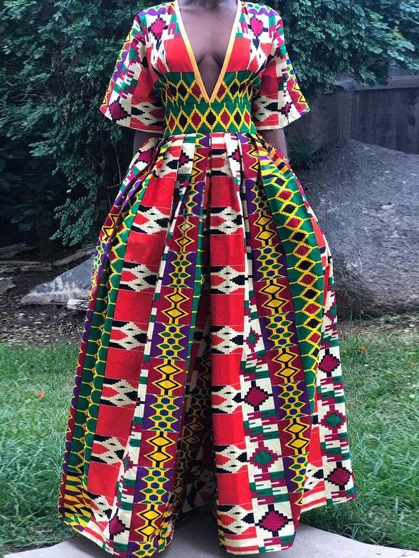 Sexy Ethnic Printed V-neck Mid-sleeved Jumpsuit