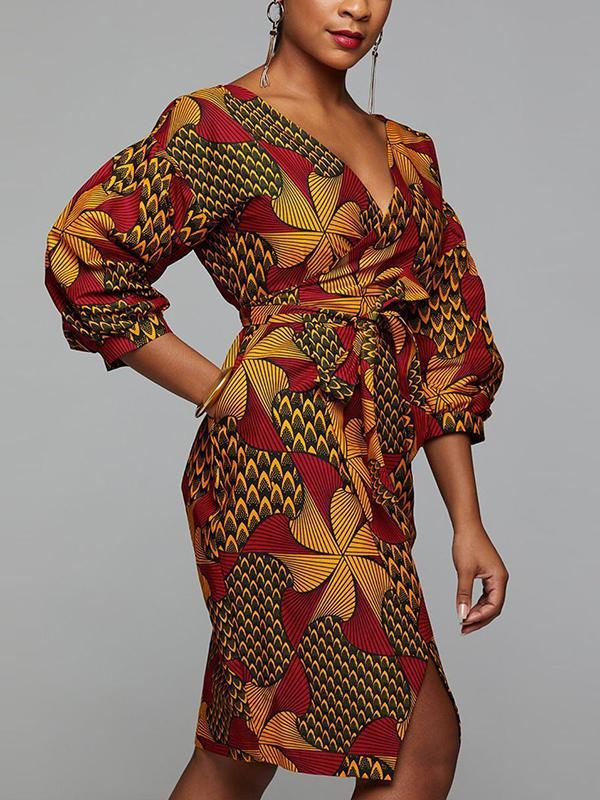 Ethnic V-neck lantern sleeve waist dress