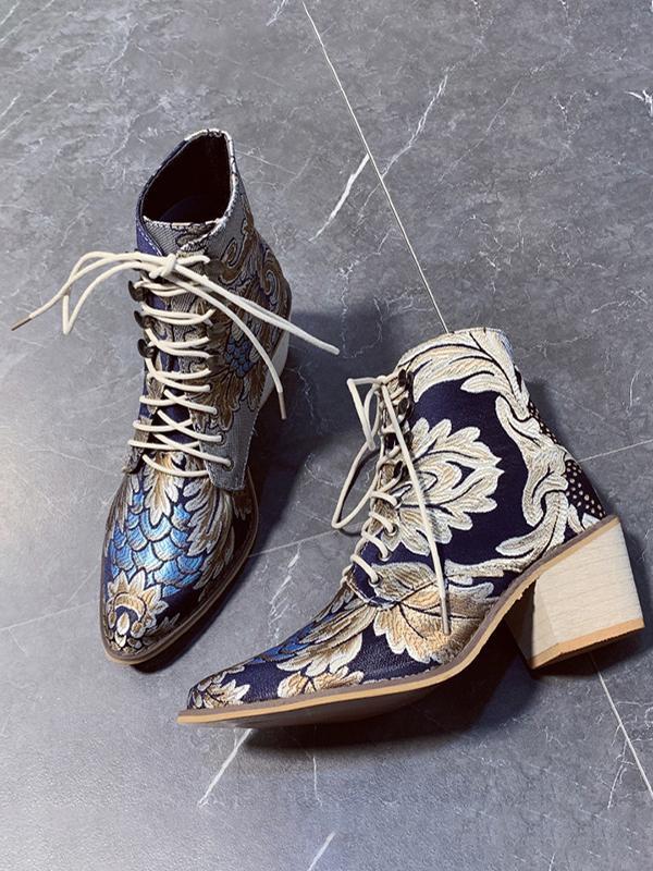 Ladies Embroidered Print Block Heel Shoes