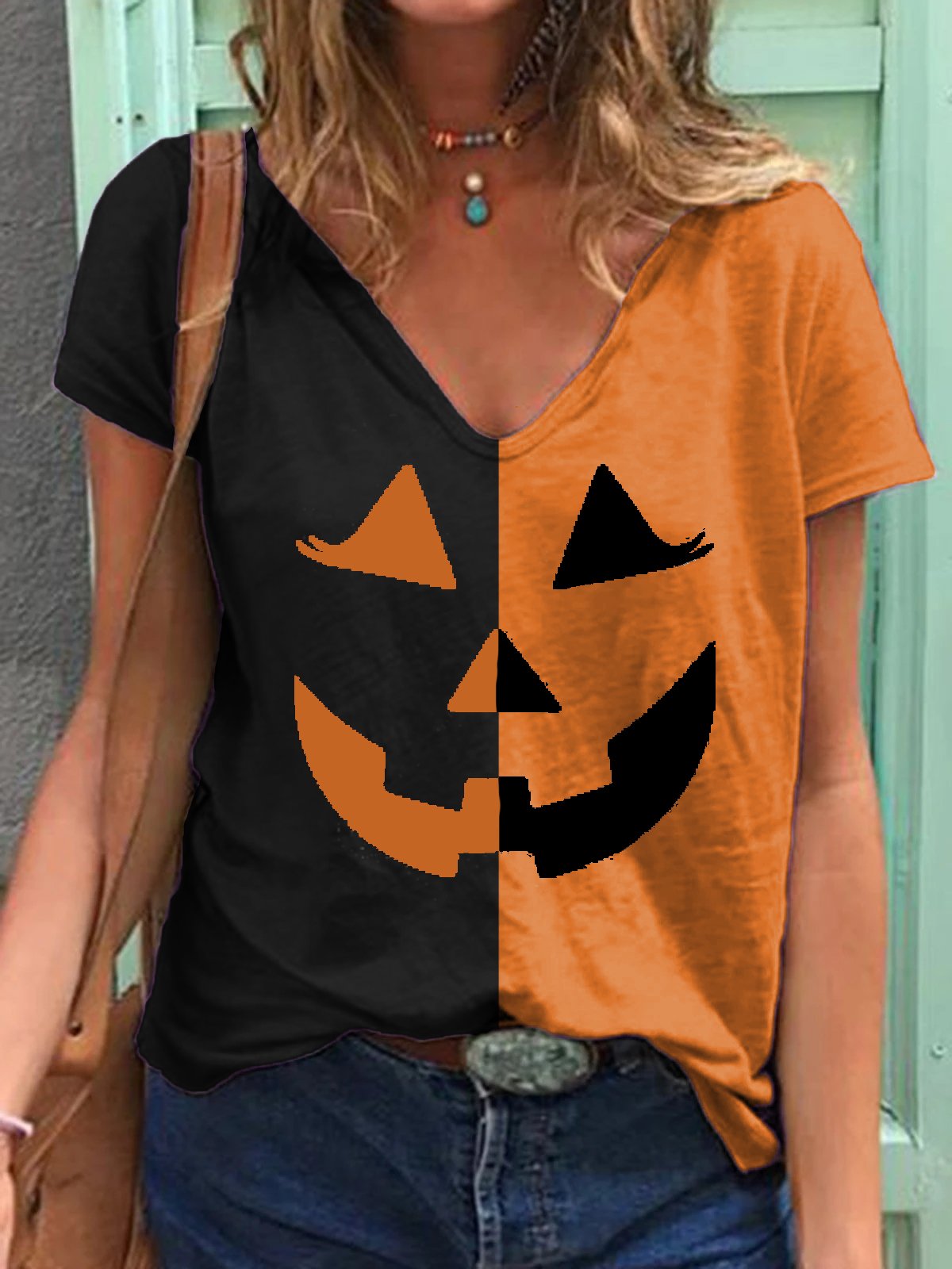 Women's Halloween Pumpkin Print T-shirt