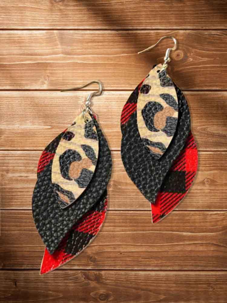 Plaid Printed Leaf Multi-Layered Leather Earrings