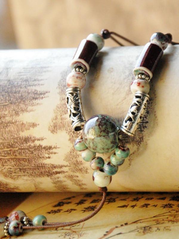Women's hand-woven ethnic ceramic beads long necklace sweater chain