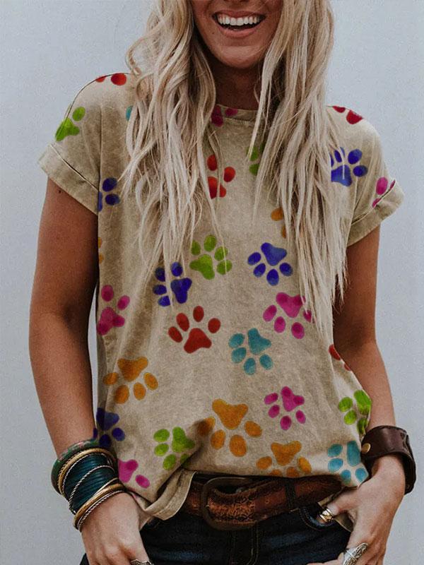 Ladies color paw print round neck short sleeve T-shirt