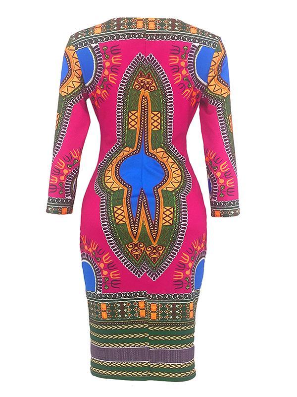 Women's African Ethnic Style 3/4-Sleeve V-Neck Dress