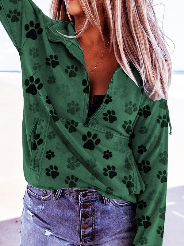 Ladies dog paw print V-neck zipper sweater