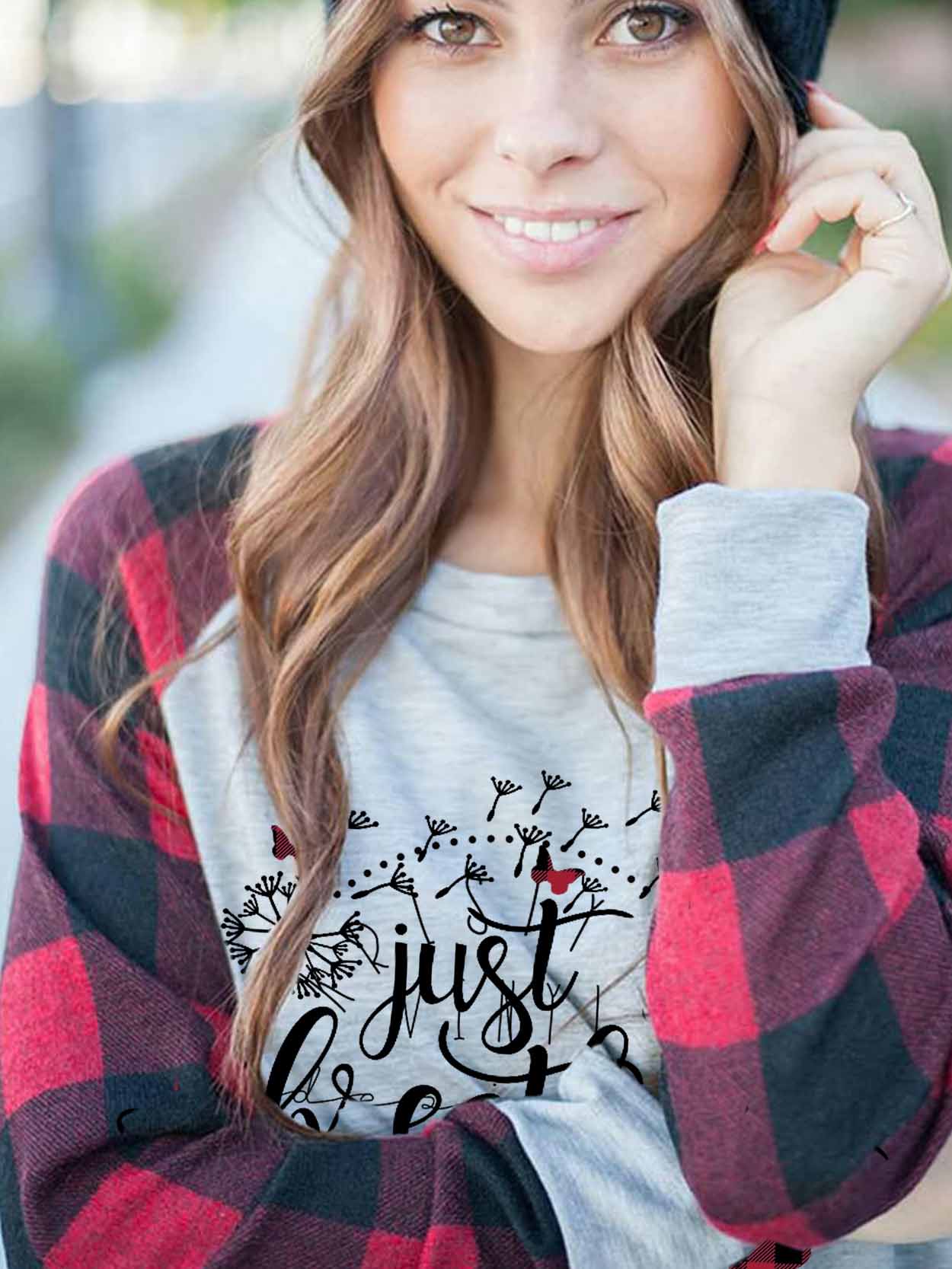 Women's Just Breathe Dandelion Print Check Sleeve T-Shirt