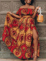 Load image into Gallery viewer, Fashion African Print Slotted Neck Top Split Long Skirt Two Piece Set
