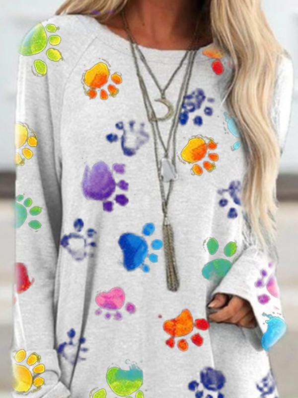 Women's tie-dye color dog paw round neck T-shirt