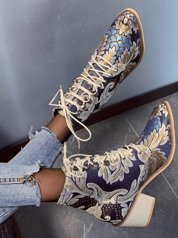 Ladies Embroidered Print Block Heel Shoes