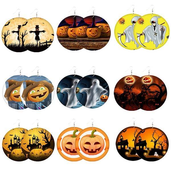 Halloween wooden pumpkin castle bat ghost earrings