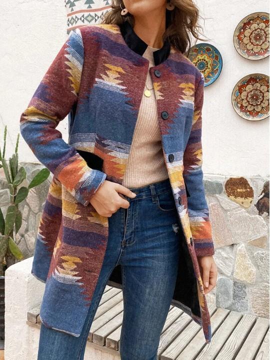 Casual printed long-sleeved woolen trench coat