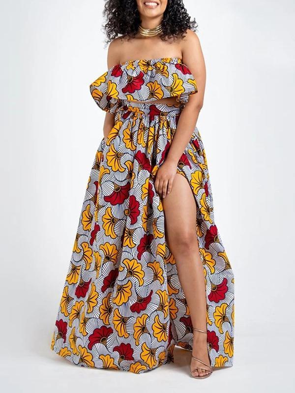 Fashion African Print Slotted Neck Top Split Long Skirt Two Piece Set