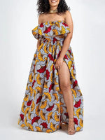 Load image into Gallery viewer, Fashion African Print Slotted Neck Top Split Long Skirt Two Piece Set
