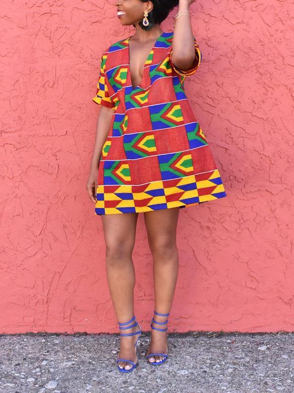 Ethnic Printed V-neck Short Dress