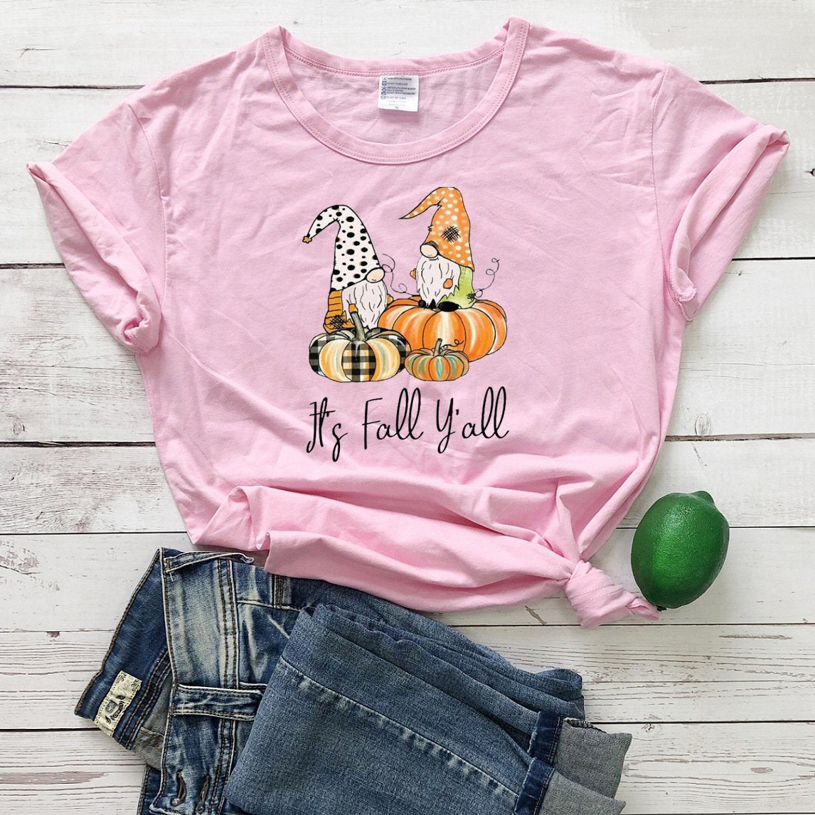 Women's Thanksgiving Fall Plaid Pumpkin Gnomies Print T-shirt