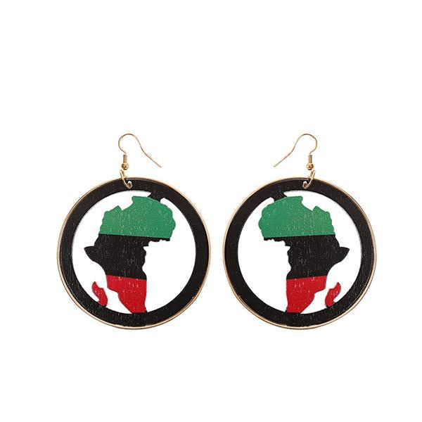 Map hollow wooden big earrings