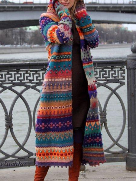 Women's Vintage Lace Stitching Printed Button Woolen Coat