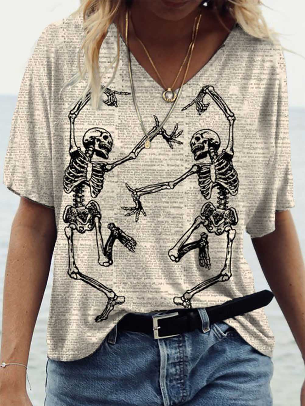 Dancing Skeleton Printed Short Sleeve T-Shirt