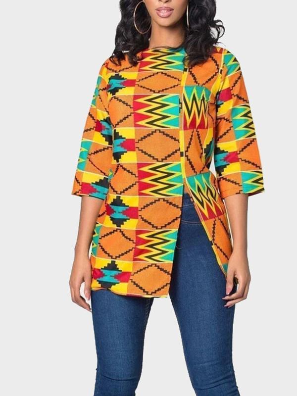 Ethnic Zipper Round Neck Mid-length Split Top