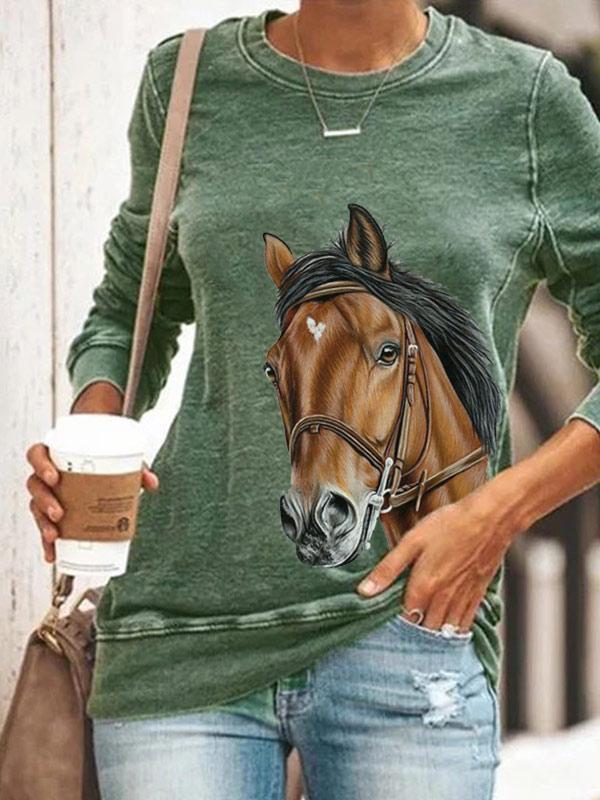 Ladies horse print crew neck sweatshirt