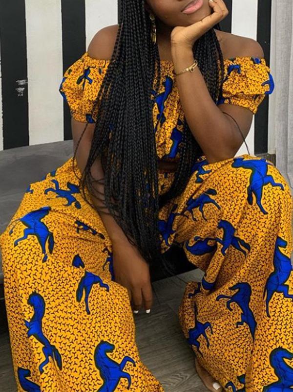 Women's Printed Short-sleeved Top Wide-leg Pants Two-piece Set