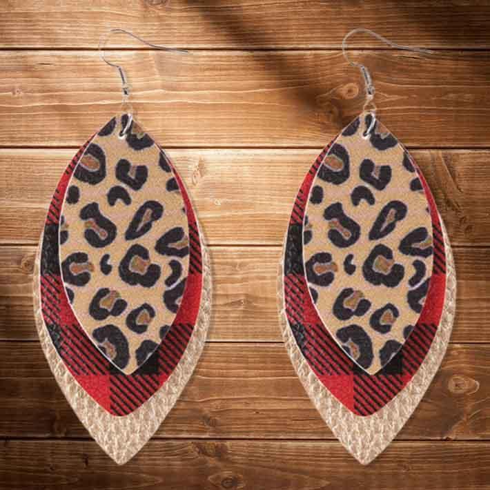 Plaid Leopard Printed Three-Layered Earrings