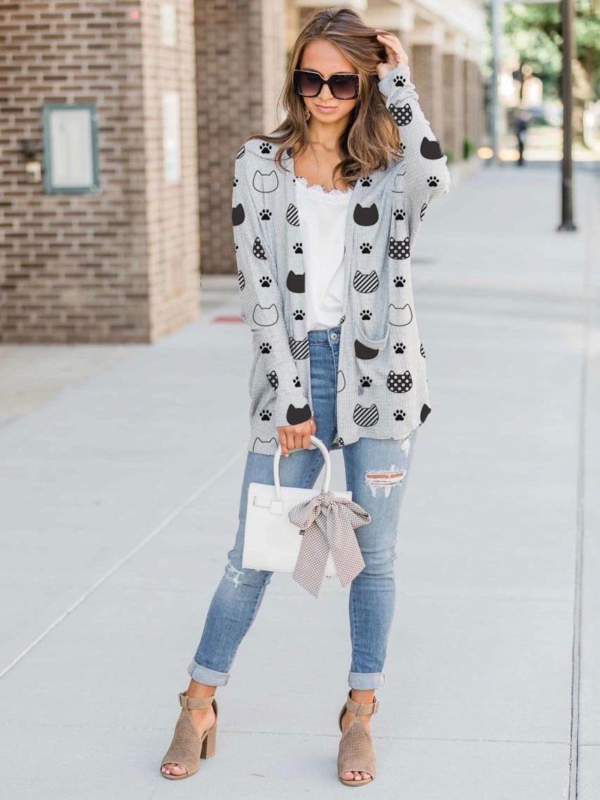 Ladies Cat Paw Print Casual Cardigan