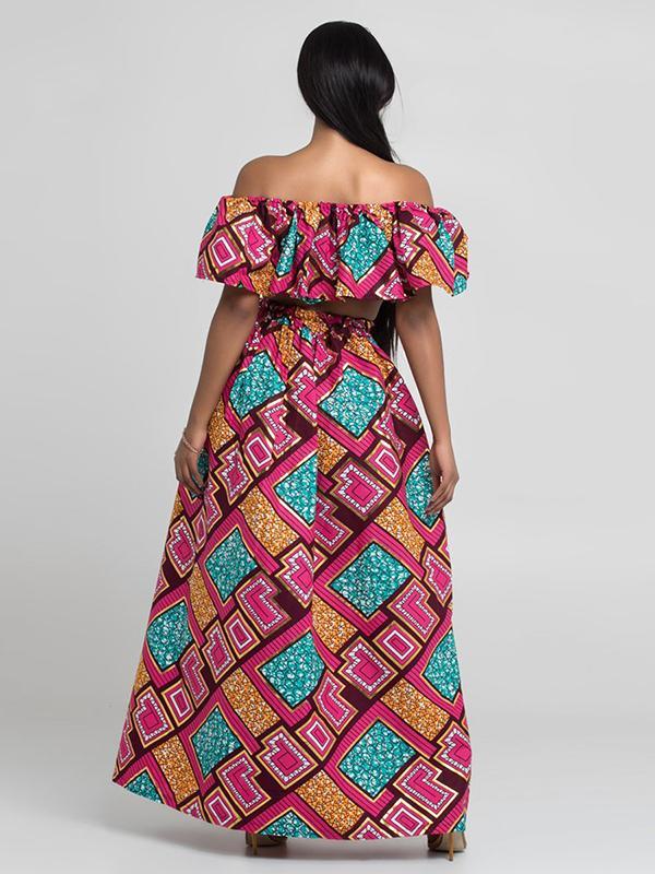 Women's Fashion Word Shoulder Ethnic Print Two-piece Set