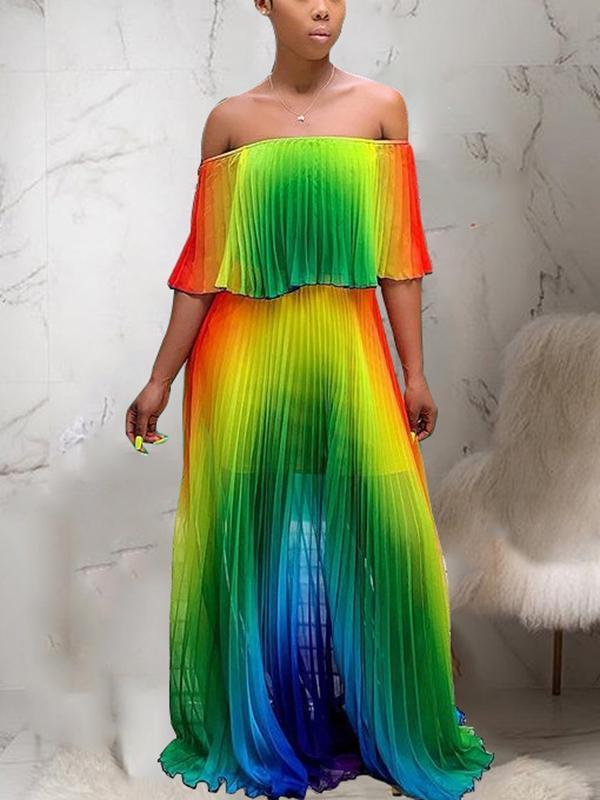 Colorful Gadient Word Shoulder Pleated Dress