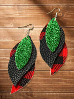 Load image into Gallery viewer, Plaid Sequined Leaf Multi-Layered Leather Earrings
