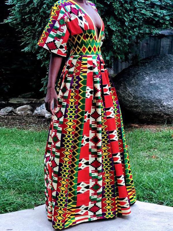 Sexy Ethnic Printed V-neck Mid-sleeved Jumpsuit