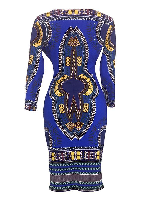 Women's African Ethnic Style 3/4-Sleeve V-Neck Dress