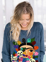 Load image into Gallery viewer, Women&#39; Frida Kahlo Skullflower Art Portrait Print Sweatshirt
