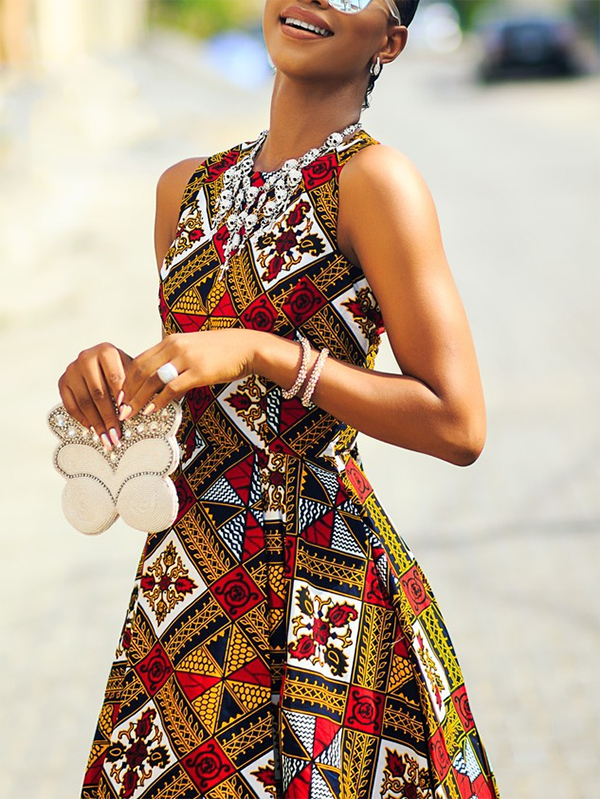 Ethnic print slim sleeveless dress