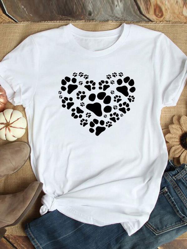 Casual love dog paw print T-shirt