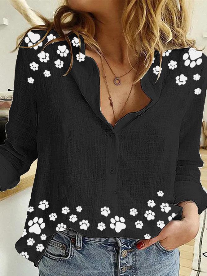 Cute dog paw print cotton and linen casual shirt